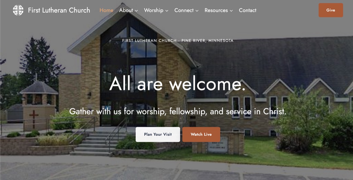 First Lutheran Church homepage showing worship and visitor information