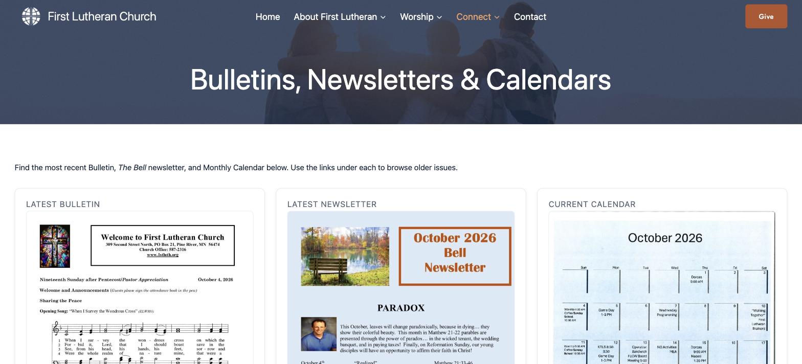 The Bulletins, Newsletters and Calendars page showing the latest bulletin, newsletter and monthly calendar