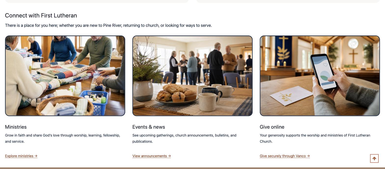 The Connect with First Lutheran section of the home page, linking to ministries, announcements and online giving