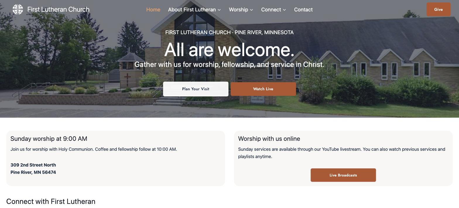 The First Lutheran Church home page, with a welcome message, service time and a Watch Live button